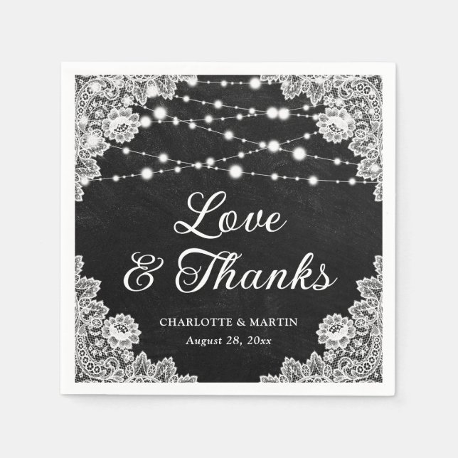 Black Chalkboard Lace Love and Thanks Wedding Napkin (Front)