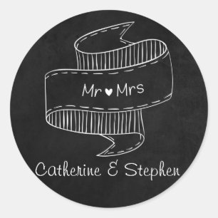 Black Chalkboard Mr & Mrs Wedding Personalised Classic Round Sticker