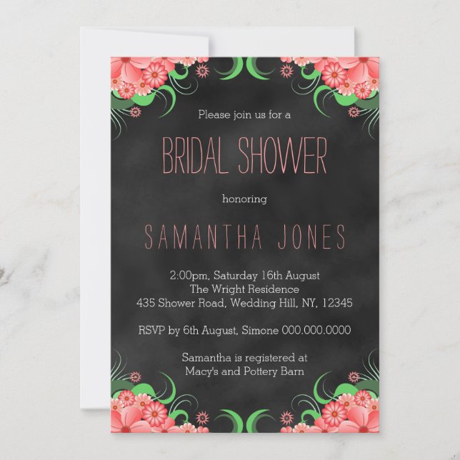 Black Chalkboard Pink Floral Bridal Shower Invites (Front)