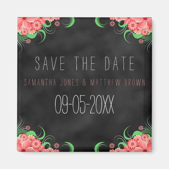 Black Chalkboard Pink Floral Save The Date Magnets (Front)