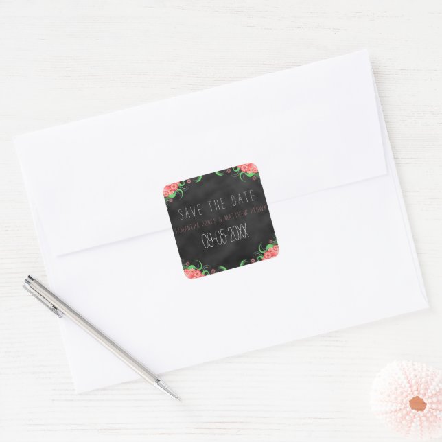 Black Chalkboard Pink Floral Save The Date Sticker (Envelope)