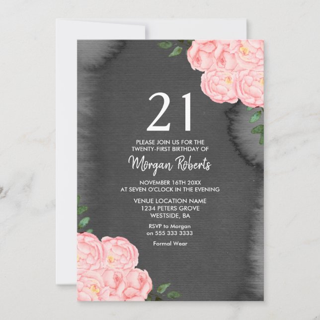 Black Chalkboard Pink Rose 21st Birthday Invite (Front)