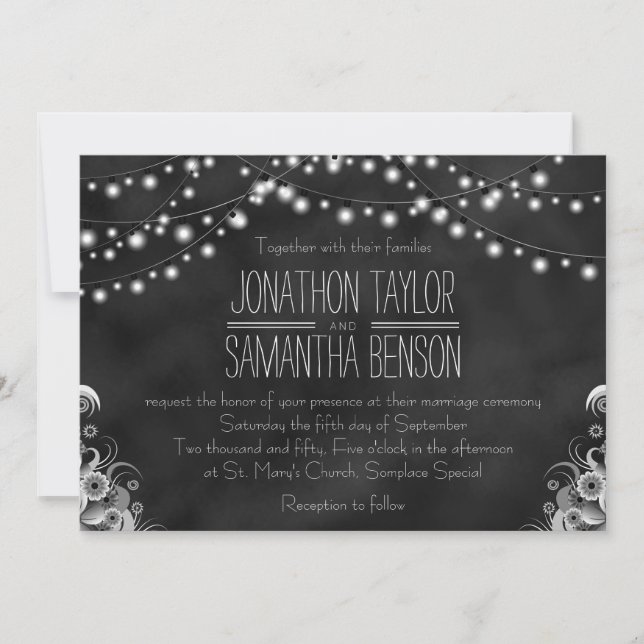 Black Chalkboard String Of Lights Wedding Invites (Front)