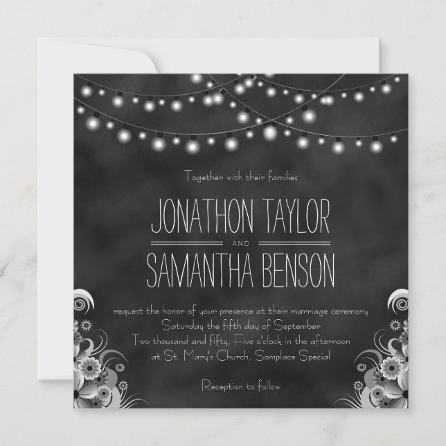 Black Chalkboard Wedding  String Of Lights Invites (Front)