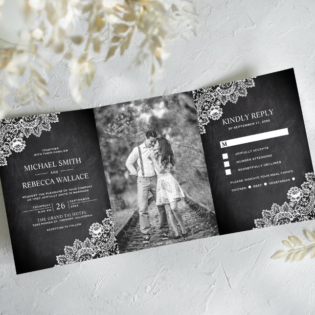 Black Chalkboard White Lace Wedding Photo Tri-Fold Invitation (Creator Uploaded)