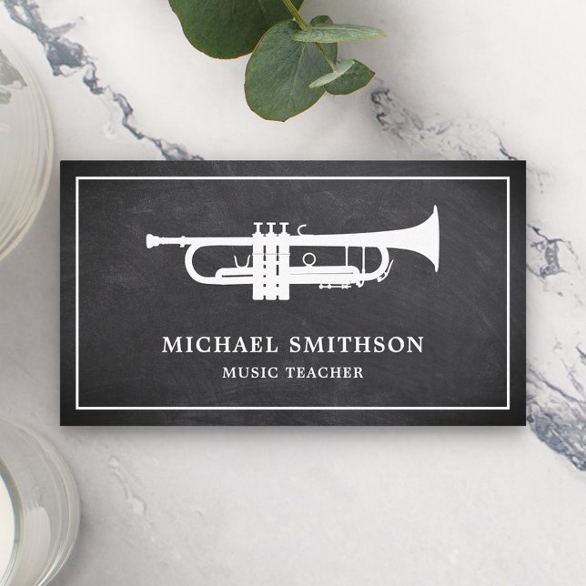 Black Chalkboard White Trumpet Music Teacher Business Card (Creator Uploaded)