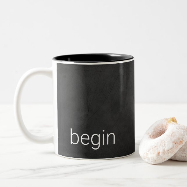 Black chalkboard with word "begin" Two-Tone coffee mug (With Donut)