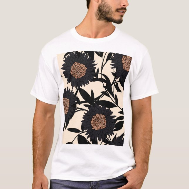 Black chamomile, gerbera: cream background. T-Shirt (Front)