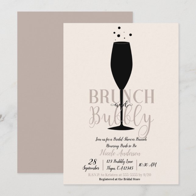 Black Champagne Glass Brunch Bubbly Bridal Brunch Invitation (Front/Back)