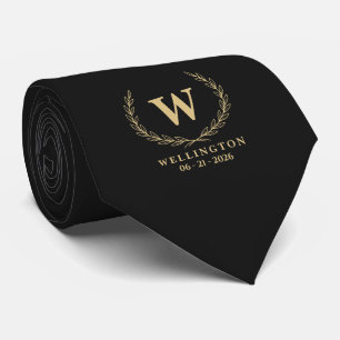 Black Champagne Gold Laurel Monogram Wedding Date Tie