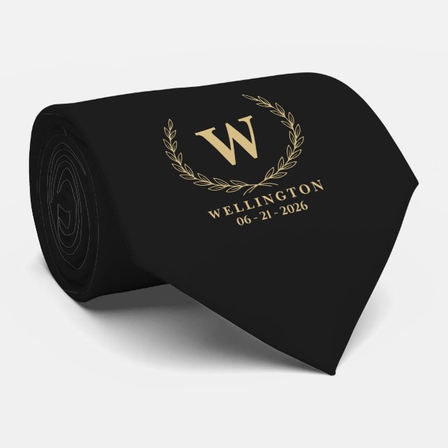 Black Champagne Gold Laurel Monogram Wedding Date Tie (Rolled)