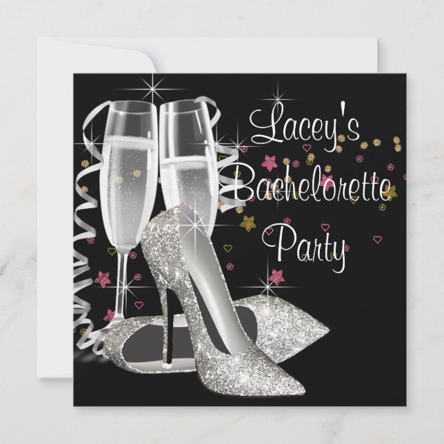 Black Champagne High Heels Bachelorette Party Invitation (Front)
