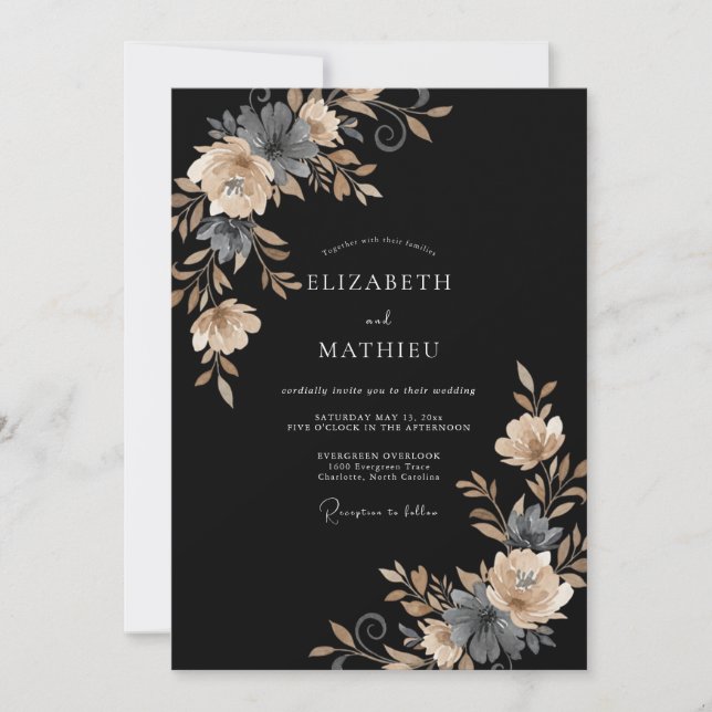 Black Champagne Leafy Wedding Invitation (Front)