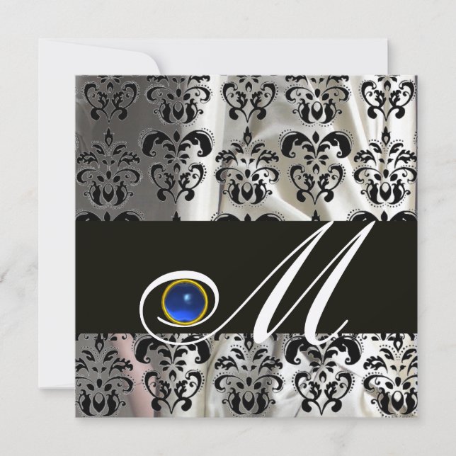 BLACK CHAMPAGNE SILK DAMASK MONOGRAM BLUE SAPPHIRE INVITATION (Front)
