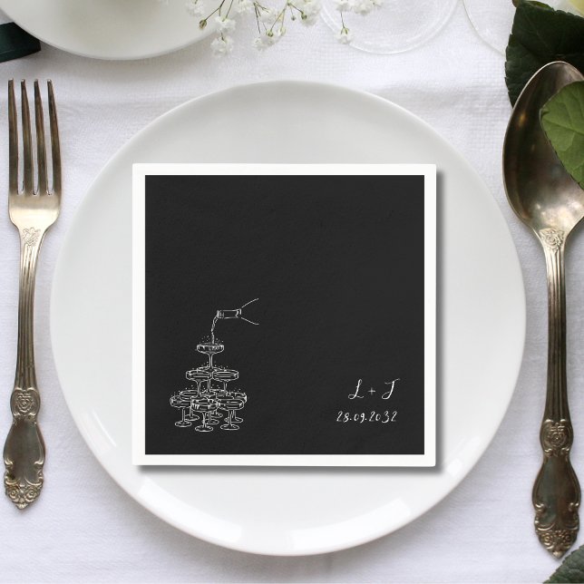 Black Champagne Tower Monogram Wedding Cokctail Napkin (Creator Uploaded)