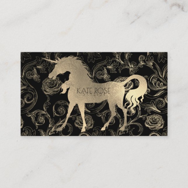 Black Champaign Gold Floral Unicorn Roses Garden Business Card (Front)