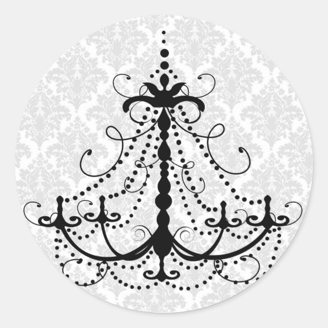 Black chandelier and damask classic round sticker (Front)