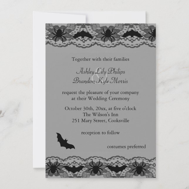 Black Chandelier & Bats Wedding Invitation (Front)