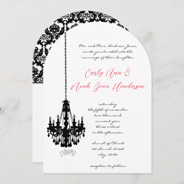 Black Chandelier Damask Wedding Invitations (Front/Back)