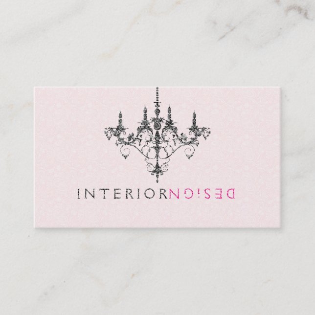 Black Chandelier Pink background Interior Design Business Card (Front)