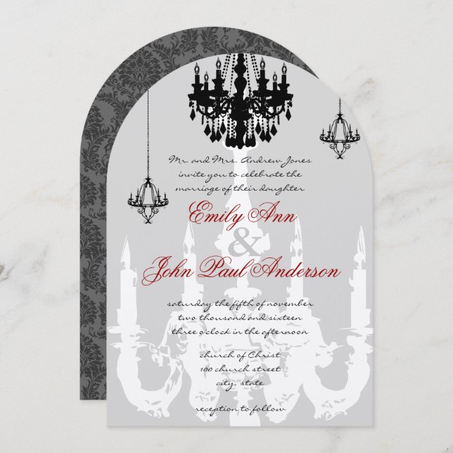 Black Chandeliers Red Accents Wedding Invitation (Front/Back)