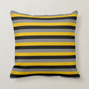 Black, Charcoal Grey and Gold Stripes Cushion