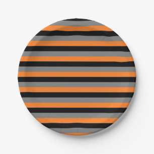 Black, Charcoal Grey and Orange Stripes Paper Plate