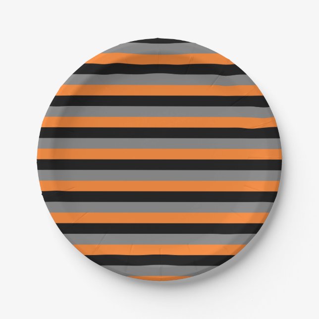Black, Charcoal Grey and Orange Stripes Paper Plate (Front)