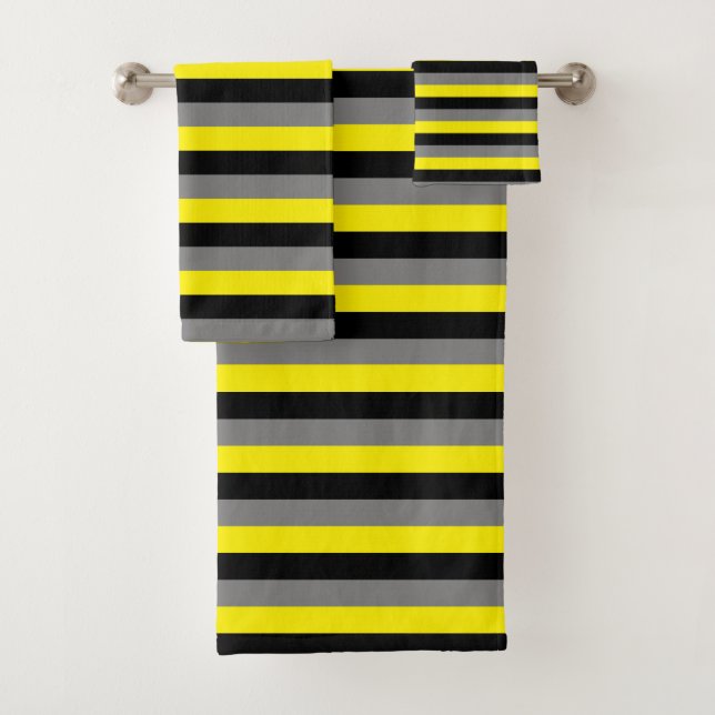 Black, Charcoal Grey and Yellow Stripes Bath Towel Set (Insitu)