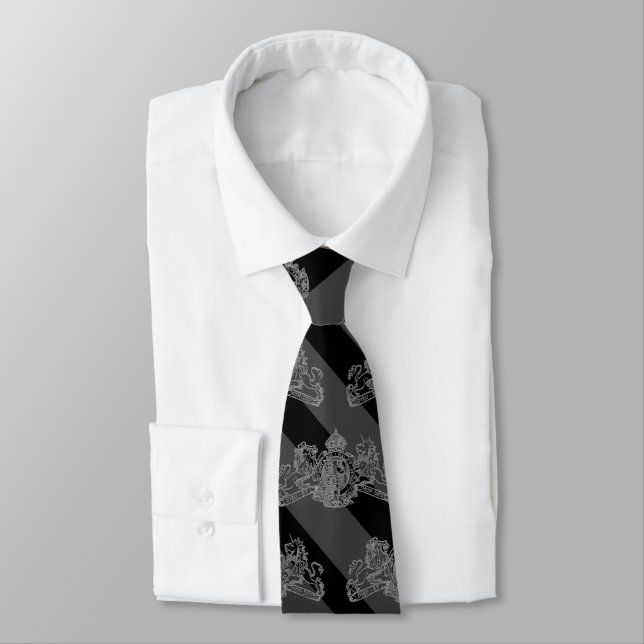 Black Charcoal Tuxedo Stripe Silver Emblem Tie (Tied)