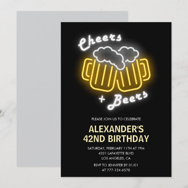 Black Cheers and Beers Drinks 42nd birthday Invitation (Front/Back)