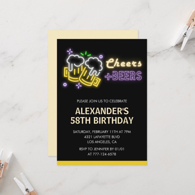 Black Cheers Beer Drinks 58th birthday invitation  (Front/Back In Situ)