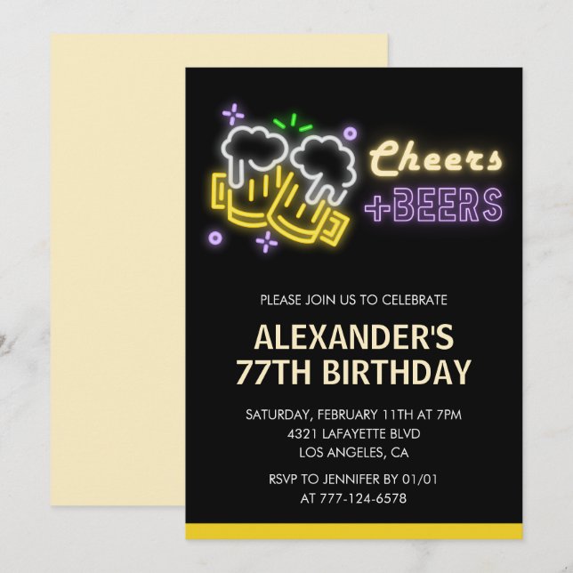 Black Cheers Beer Drinks 77th birthday invitation (Front/Back)
