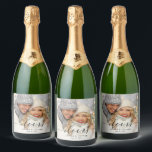Black Cheers Elegant Calligraphy Photo Sparkling Wine Label<br><div class="desc">Elegant calligraphy sparkling wine labels with "cheers" script,  custom text and a photo. For more advanced customisation of this design,  please click the BLUE DESIGN TOOL BUTTON. Matching items are also available.</div>
