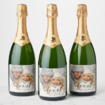 Black Cheers Elegant Calligraphy Photo Sparkling Wine Label<br><div class="desc">Elegant calligraphy sparkling wine labels with "cheers" script,  custom text and a photo. For more advanced customisation of this design,  please click the BLUE DESIGN TOOL BUTTON. Matching items are also available.</div>