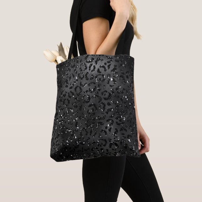 Black Cheetah Leopard Print Minimal Animal Pattern Tote Bag (Close Up)