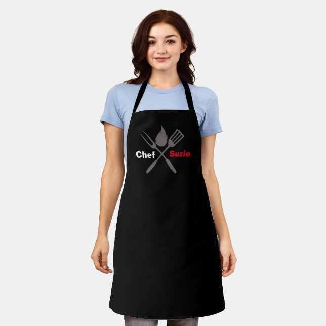 Black Chef Apron - Customize Name Personalize Gift (Worn)