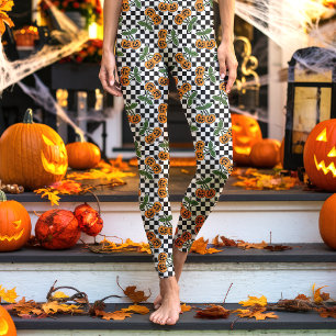Black Chequerboard Cherry Pumpkins Pattern Leggings