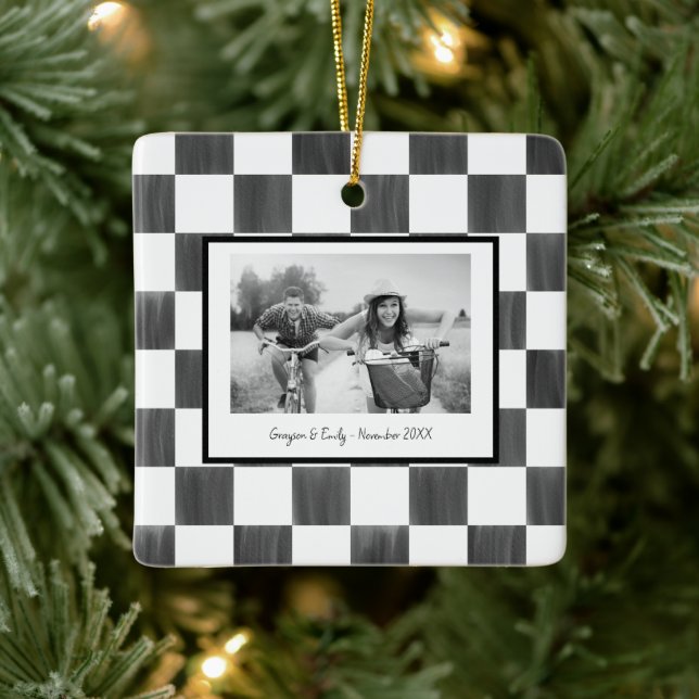 Black Chequerboard Personalised Photo Ceramic Ornament (Tree)