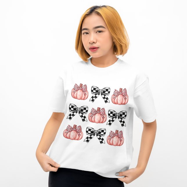  Black Chequered Bow Coquette Pink Leopard Pumpkin T-Shirt (Creator Uploaded)