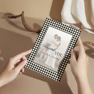 Black Chequered Old Money Photo Wedding Folded Thank You Card