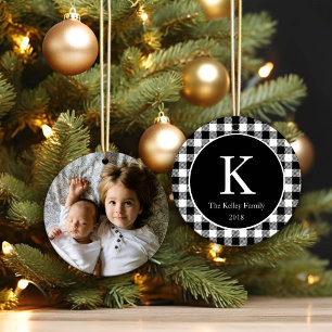 Black Chequered Plaid Personalised Monogram Photo Ceramic Tree Decoration
