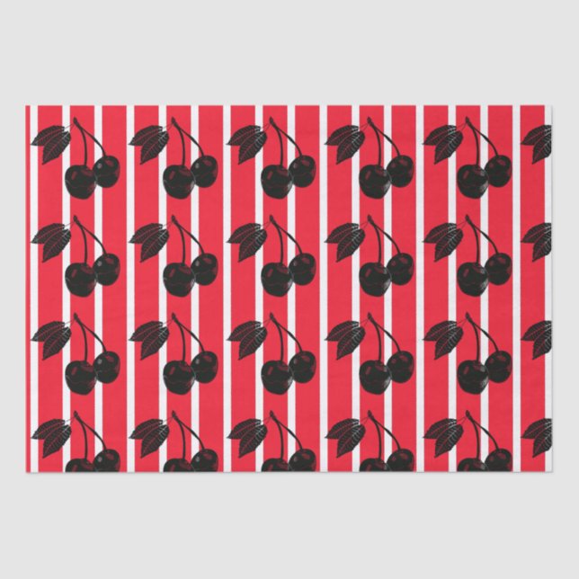 Black Cherries on Red and White Striped Tissue Paper (Front)