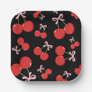 Black Cherries Pink Bow Coquette Birthday Party Paper Plate