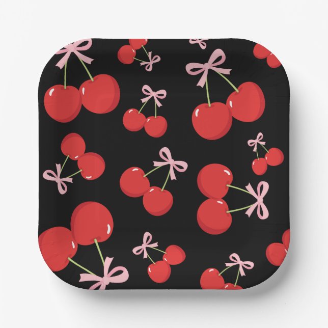 Black Cherries Pink Bow Coquette Birthday Party Paper Plate (Front)