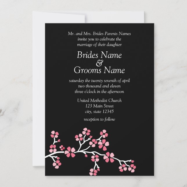 Black Cherry Blossom Elegant Wedding 5x7 Invitation (Front)