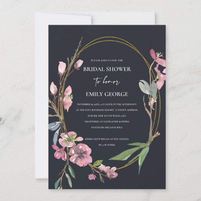 BLACK CHERRY BLOSSOM FLORAL BRIDAL SHOWER INVITE (Front)