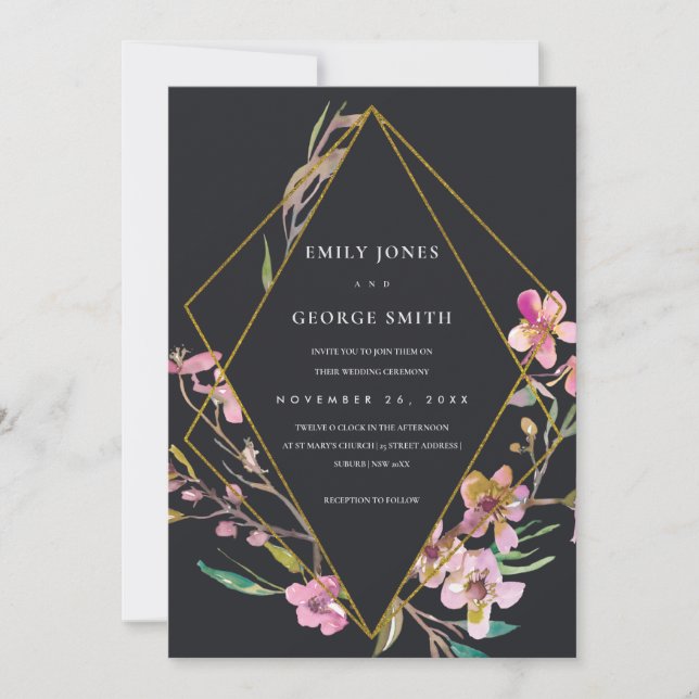 BLACK CHERRY BLOSSOM FLORAL FRAME WEDDING INVITE (Front)