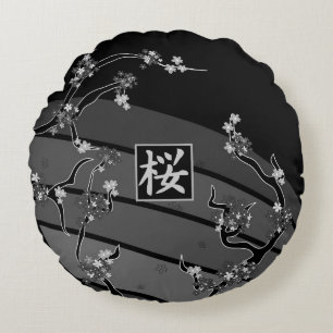 Black Cherry Blossom Tree Round Cushion