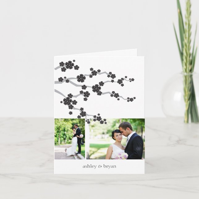 Black Cherry Blossoms 2 Photos Chic Asian Wedding Thank You Card (Front)